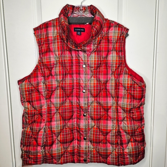 Lands End Tartan Red Green Down Plaid Size 1X Quilted Feather Button Puffer Vest - Picture 1 of 9